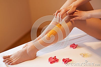 Long Woman Legs. Woman Cares About Her Legs. Sugaring Treatment Stock Photo