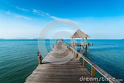 Long wooden bridge in beautiful tropical island beach - Koh Mak in Trat, Thailand Stock Photo