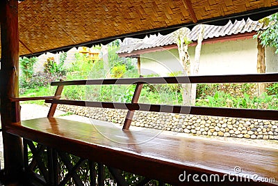 Long wooden seat for reception guest Stock Photo