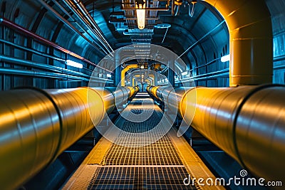 A long yellow pipe stretches through a dark tunnel, providing a conduit for something unseen, Abstract interpretation of a Stock Photo