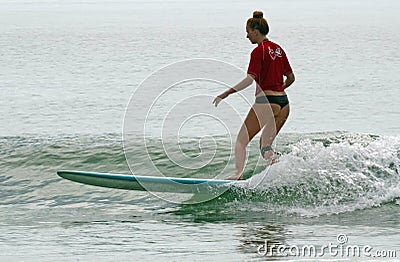 Longboard Surfer Girl Catches Wave Wahine Classic Editorial Stock Photo