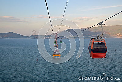 Riding on Vinpearl cable car bringing visitors to Hon Tre Island, Nha Trang, Vietnam Editorial Stock Photo