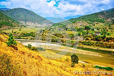 Longest suspension bridge in Punakha , Bhutan. The bridge is stable and provides a good view of the river and valley Stock Photo