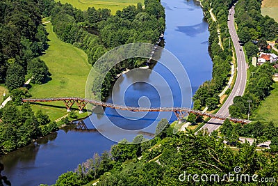 Longest wooden bridge in Europe- Essing, Bavaria, Germany-river Altmuehl Stock Photo