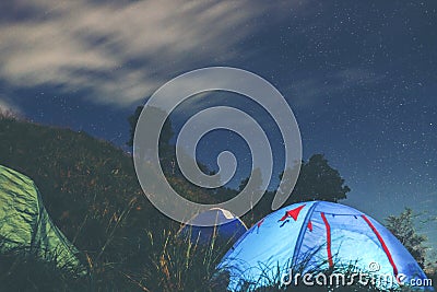 LongExposure Camping on the top of the mountain under the sky st Stock Photo