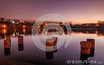 Longexposure sunset by the lake Stock Photo