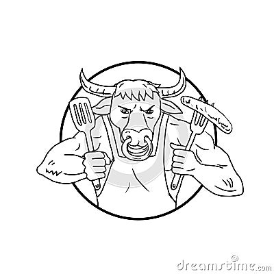 Longhorn Bull Holding Barbecue Sausage Drawing Black and White Vector Illustration