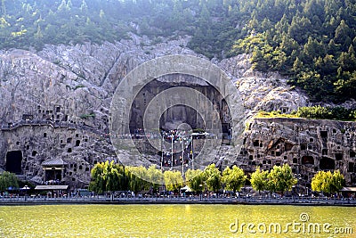 Longmen Caves, Dragon Gate Grottoes, in Luoyang city Editorial Stock Photo