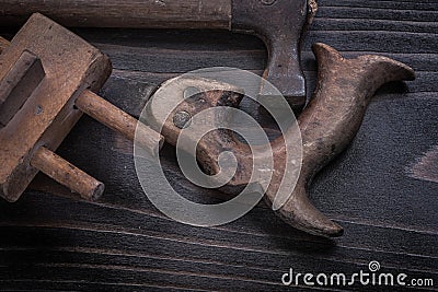 Longstanding rusty hand saw wooden surface gauge Stock Photo