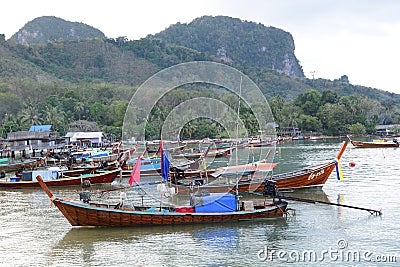 Longtail boats at main harbor. Koh Mook. Thailand Editorial Stock Photo