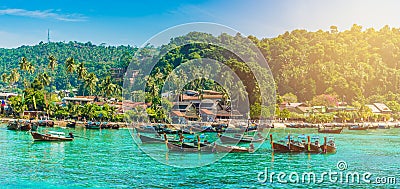 Longtail boats parking in Phi Phi Stock Photo