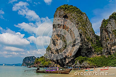 Krabi Ao Nang, Railay beach longtail boats on sand in Thailand Editorial Stock Photo