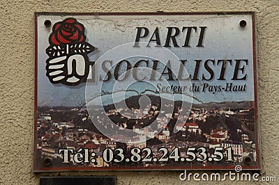 Longwy, France November 2022 Exterior wall plaque of the Pays Haut socialist party premises. Meurthe and Moselle, Lorraine Editorial Stock Photo