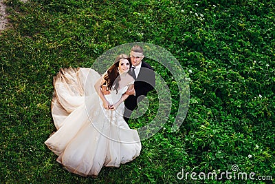 Look from above at stunning wedding couple standing Stock Photo