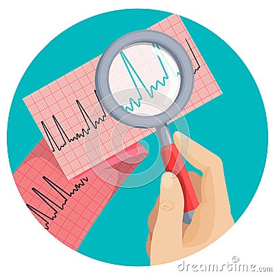 Look at atrial fibrillation through magnifying glass held by hand Vector Illustration