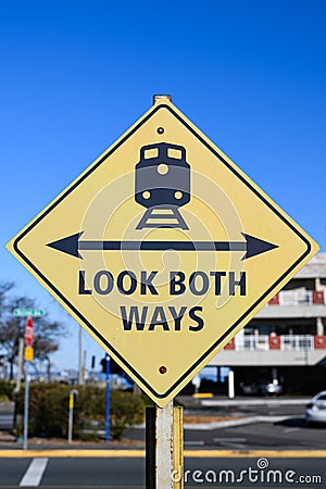 Look both ways train sign Stock Photo