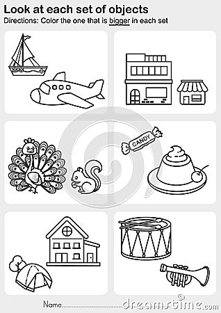 Look at each set of objects - Color the one that is bigger in each set Vector Illustration