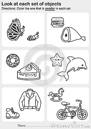 Look at each set of objects - Color the one that is smaller in each set Vector Illustration