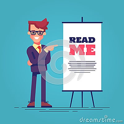Look here! Happy young handsome businessman in suit pointing to the flipchart with the inscription read me. Vector. Cartoon Illustration