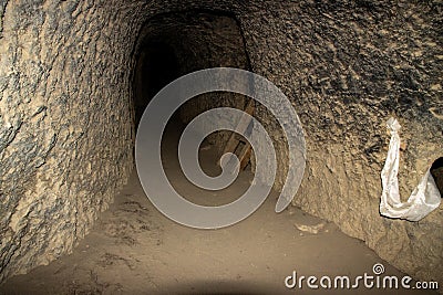 A look inside of Man Made Jhong Cave in Chhoser Village of Upper Mustang in Nepal Editorial Stock Photo