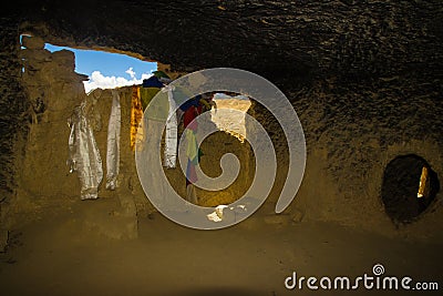 A look inside of Man Made Jhong Cave in Chhoser Village of Upper Mustang in Nepal Editorial Stock Photo