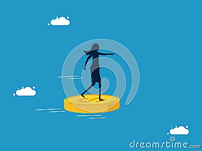 Look for investment and business opportunities. woman standing on a coin moving forward Vector Illustration