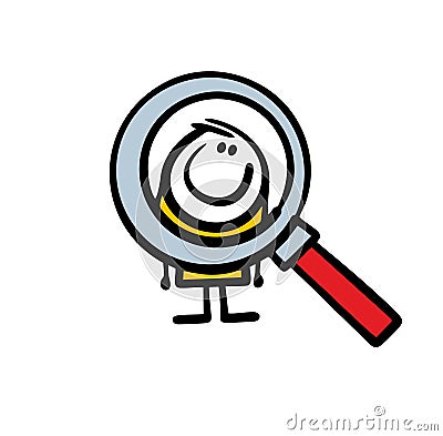 We look at the little stickman through a magnifying glass. Vector illustration of a microscopic man and magnification in Vector Illustration