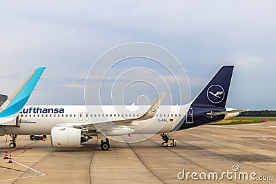 Look out of the airport window at airfield. Lufthansa Airlines Editorial Stock Photo