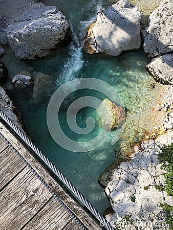 Look Over the Suspension Bridge on the Soca River Stock Photo