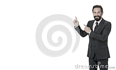 Look at that statistics financial data. Pointing at business advertisement. Man advisor pointing advertisement isolated Stock Photo
