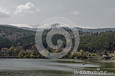 Look toward environment of springtime picturesque dam Stock Photo