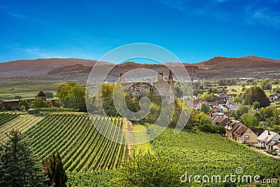 Look at Vogtsburg-Burkheim with castle ruins. Kaiserstuhl Stock Photo