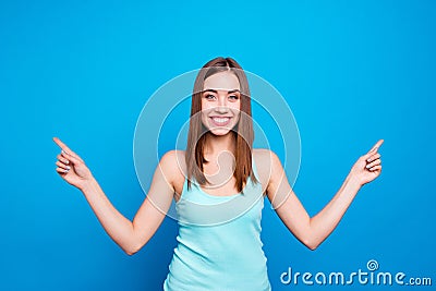 Look way. Portrait charming millennial person give tips advice decision feedback recommendation choice selection option Stock Photo