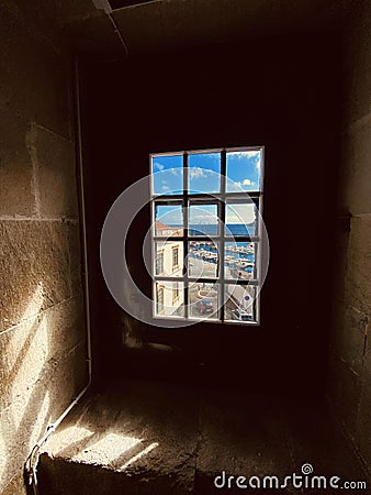 Peeking at the Bay of Angra, in Angra do Heroismo, Terceira Island in the Azores Stock Photo