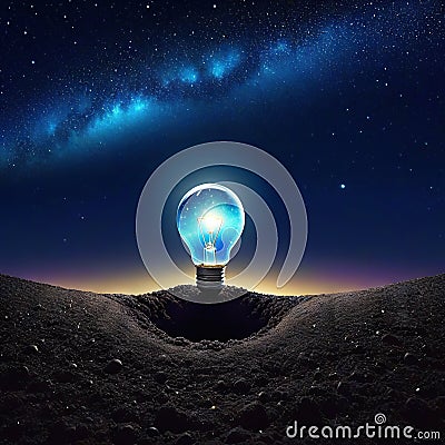 looking the big bulb half buried in the ground against night sky with stars and Cartoon Illustration