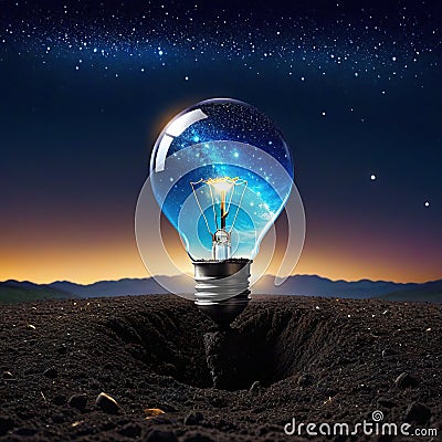 looking the big bulb half buried in the ground against night sky with stars and Cartoon Illustration