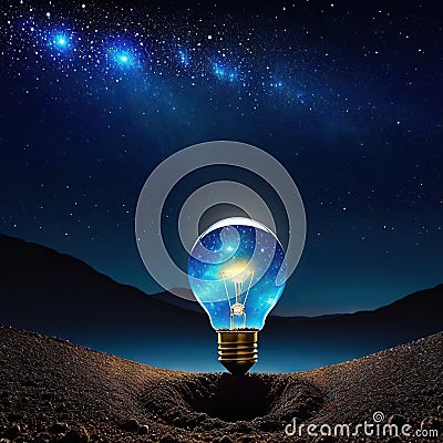 looking the big bulb half buried in the ground against night sky with stars and Cartoon Illustration