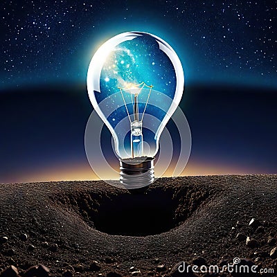 looking the big bulb half buried in the ground against night sky with stars and Cartoon Illustration