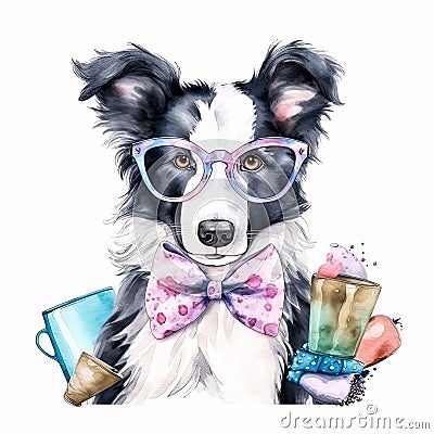 Watercolor Whimsy: Border Collie Puppy in Pastel Bandana and Glasses AI Generated Stock Photo