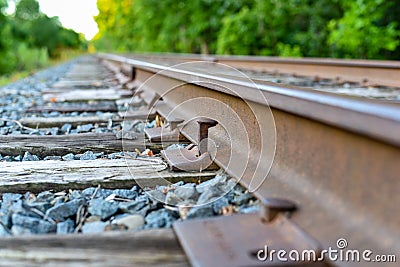 Closeup of railroad spikes and ties Stock Photo