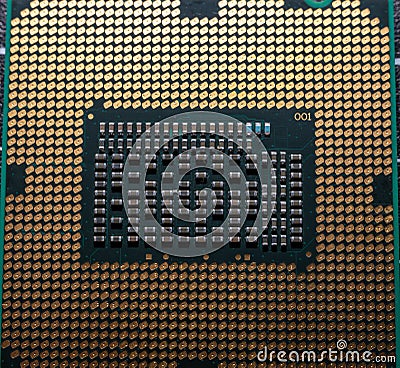 Looking down at the cpu socket gold plates on the cpu Stock Photo