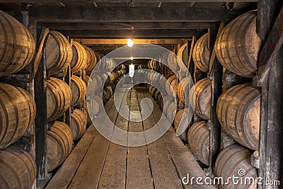 Looking Down Walkway in Bourbon Aging Warehouse Stock Photo