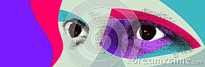 Looking eyes 8 bit dotted design style vector abstraction, human face stylized design element. Vector Illustration