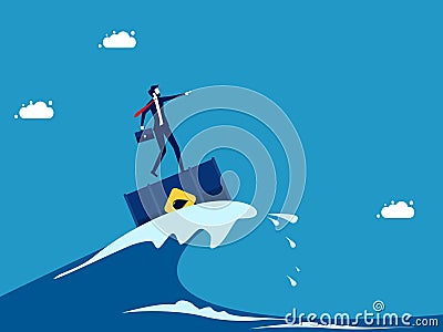 Looking farther on commodities. Businessman surfs the sea with oil barrels Vector Illustration