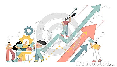 Looking at future plans for success. Scenes up. Tiny people are looking for chances to grow, to achieve a goal. Vector Illustration