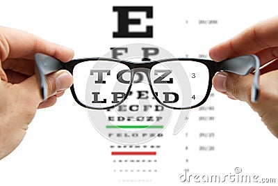 Looking through the glasses at eye chart Stock Photo