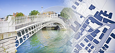 Looking for a house in Dublin - Ireland - concept image with the most famous bridge, called Half penny bridge, and an imaginary Stock Photo
