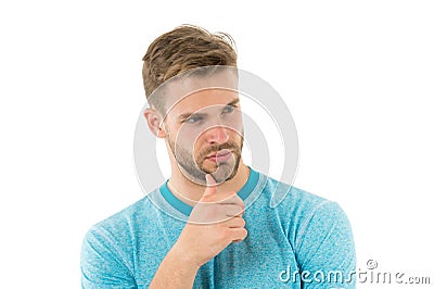 Looking for idea. Man bristle serious face looking for idea, white background. Guy bearded thoughtful touches bristle on Stock Photo