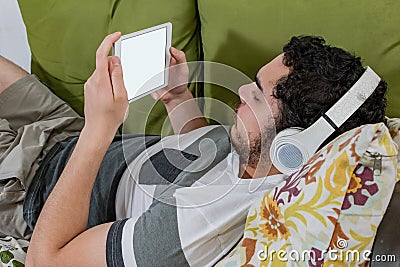 Looking at multimedia content on tablet Stock Photo