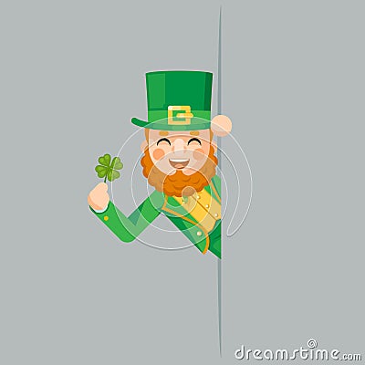 Looking out corner saint patrick leprechaun gnome with clover day celebration clover flat design vector illustration Vector Illustration